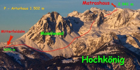 Trasa výstupu pohledem z Tenenngebirge 27. 3. 2016.